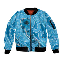Hawaii Blue Hibiscus Pikake Lei Sleeve Zip Bomber Jacket - Polynesian Pride