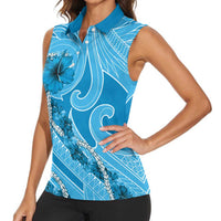 Hawaii Blue Hibiscus Pikake Lei Women Sleeveless Polo Shirt - Polynesian Pride