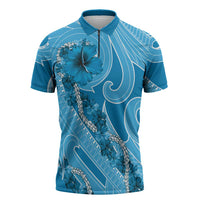 Hawaii Blue Hibiscus Pikake Lei Zipper Polo Shirt LT05 Blue - Polynesian Pride