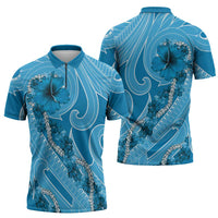 Hawaii Blue Hibiscus Pikake Lei Zipper Polo Shirt LT05 - Polynesian Pride
