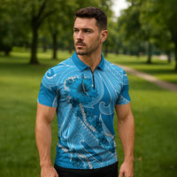 Hawaii Blue Hibiscus Pikake Lei Zipper Polo Shirt LT05 - Polynesian Pride
