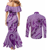 Hawaii Violet Hibiscus Pikake Lei Couples Matching Mermaid Dress and Long Sleeve Button Shirt - Polynesian Pride