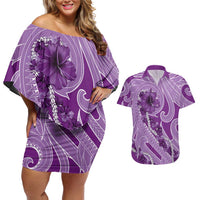 Hawaii Violet Hibiscus Pikake Lei Couples Matching Off Shoulder Short Dress and Hawaiian Shirt LT05 Violet - Polynesian Pride
