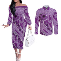 Hawaii Violet Hibiscus Pikake Lei Couples Matching Off The Shoulder Long Sleeve Dress and Long Sleeve Button Shirt - Polynesian Pride