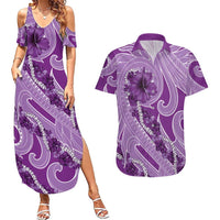 Hawaii Violet Hibiscus Pikake Lei Couples Matching Summer Maxi Dress and Hawaiian Shirt LT05 Violet - Polynesian Pride