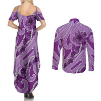 Hawaii Violet Hibiscus Pikake Lei Couples Matching Summer Maxi Dress and Long Sleeve Button Shirt - Polynesian Pride