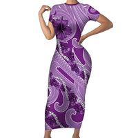 Hawaii Violet Hibiscus Pikake Lei Short Sleeve Bodycon Dress LT05 Long Dress Violet - Polynesian Pride