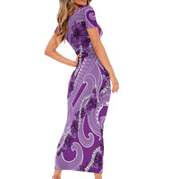 Hawaii Violet Hibiscus Pikake Lei Short Sleeve Bodycon Dress LT05 - Polynesian Pride