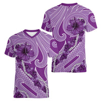 Hawaii Violet Hibiscus Pikake Lei Women V-Neck T-Shirt - Polynesian Pride