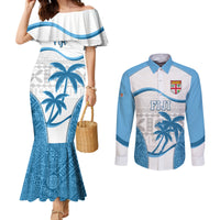Custom Fiji Rugby Couples Matching Mermaid Dress and Long Sleeve Button Shirts World Cup 2023 Fijian Tapa Pattern Blue Version LT05 Blue - Polynesian Pride