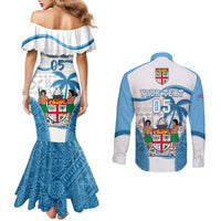 Custom Fiji Rugby Couples Matching Mermaid Dress and Long Sleeve Button Shirts World Cup 2023 Fijian Tapa Pattern Blue Version LT05 - Polynesian Pride