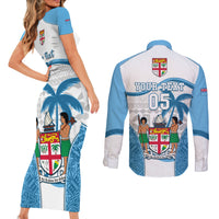 Custom Fiji Rugby Couples Matching Short Sleeve Bodycon Dress and Long Sleeve Button Shirts World Cup 2023 Fijian Tapa Pattern Blue Version LT05 - Polynesian Pride