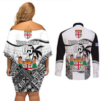 Custom Fiji Rugby Couples Matching Off Shoulder Short Dress and Long Sleeve Button Shirts World Cup 2023 Fijian Tapa Pattern Black Version LT05 - Polynesian Pride