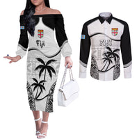 Custom Fiji Rugby Couples Matching Off The Shoulder Long Sleeve Dress and Long Sleeve Button Shirts World Cup 2023 Fijian Tapa Pattern Black Version LT05 Black - Polynesian Pride