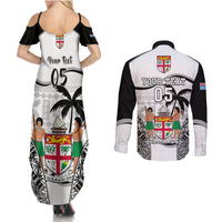 Custom Fiji Rugby Couples Matching Summer Maxi Dress and Long Sleeve Button Shirts World Cup 2023 Fijian Tapa Pattern Black Version LT05 - Polynesian Pride