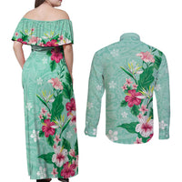 Hawaii Tropical Flowers Couples Matching Off Shoulder Maxi Dress and Long Sleeve Button Shirt Polynesian Tattoo Mint Green LT05 - Polynesian Pride
