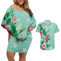 Hawaii Tropical Flowers Couples Matching Off Shoulder Short Dress and Hawaiian Shirt Polynesian Tattoo Mint Green LT05 Green - Polynesian Pride
