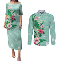 Hawaii Tropical Flowers Couples Matching Puletasi and Long Sleeve Button Shirt Polynesian Tattoo Mint Green LT05 Green - Polynesian Pride