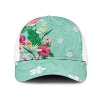 Hawaii Tropical Flowers Mesh Trucker Cap Polynesian Tattoo Mint Green LT05 One Size White Green - Polynesian Pride
