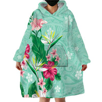 Hawaii Tropical Flowers Wearable Blanket Hoodie Polynesian Tattoo Mint Green LT05 - Polynesian Pride