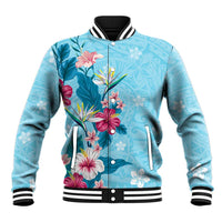 Hawaii Tropical Flowers Baseball Jacket Polynesian Tattoo Sky Blue LT05 Unisex Blue - Polynesian Pride