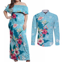 Hawaii Tropical Flowers Couples Matching Off Shoulder Maxi Dress and Long Sleeve Button Shirt Polynesian Tattoo Sky Blue LT05 Blue - Polynesian Pride