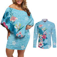 Hawaii Tropical Flowers Couples Matching Off Shoulder Short Dress and Long Sleeve Button Shirt Polynesian Tattoo Sky Blue LT05 Blue - Polynesian Pride