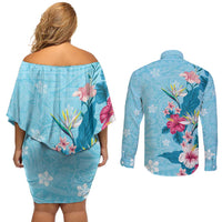 Hawaii Tropical Flowers Couples Matching Off Shoulder Short Dress and Long Sleeve Button Shirt Polynesian Tattoo Sky Blue LT05 - Polynesian Pride