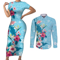 Hawaii Tropical Flowers Couples Matching Short Sleeve Bodycon Dress and Long Sleeve Button Shirt Polynesian Tattoo Sky Blue LT05 Blue - Polynesian Pride