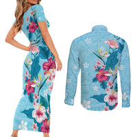 Hawaii Tropical Flowers Couples Matching Short Sleeve Bodycon Dress and Long Sleeve Button Shirt Polynesian Tattoo Sky Blue LT05 - Polynesian Pride