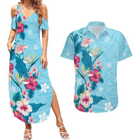 Hawaii Tropical Flowers Couples Matching Summer Maxi Dress and Hawaiian Shirt - Polynesian Tattoo Sky Blue LT05 Blue - Polynesian Pride