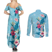 Hawaii Tropical Flowers Couples Matching Summer Maxi Dress and Long Sleeve Button Shirt Polynesian Tattoo Sky Blue LT05 - Polynesian Pride
