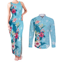 Hawaii Tropical Flowers Couples Matching Tank Maxi Dress and Long Sleeve Button Shirt Polynesian Tattoo Sky Blue LT05 Blue - Polynesian Pride