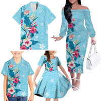 Hawaii Tropical Flowers Family Matching Off The Shoulder Long Sleeve Dress and Hawaiian Shirt Polynesian Tattoo Sky Blue
