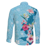 Hawaii Tropical Flowers Family Matching Off Shoulder Short Dress and Hawaiian Shirt Polynesian Tattoo Sky Blue