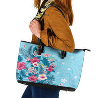 Hawaii Tropical Flowers Leather Tote Bag Polynesian Tattoo Sky Blue LT05 Blue - Polynesian Pride