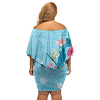 Hawaii Tropical Flowers Off Shoulder Short Dress Polynesian Tattoo Sky Blue LT05 - Polynesian Pride