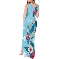 Hawaii Tropical Flowers Tank Maxi Dress Polynesian Tattoo Sky Blue LT05 - Polynesian Pride