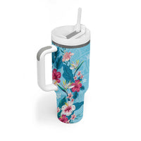 Hawaii Tropical Flowers Tumbler With Handle Polynesian Tattoo Sky Blue