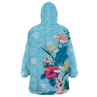 Hawaii Tropical Flowers Wearable Blanket Hoodie Polynesian Tattoo Sky Blue LT05 - Polynesian Pride