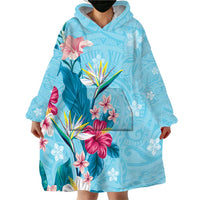 Hawaii Tropical Flowers Wearable Blanket Hoodie Polynesian Tattoo Sky Blue LT05 - Polynesian Pride