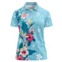 Hawaii Tropical Flowers Women Polo Shirt Polynesian Tattoo Sky Blue