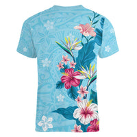 Hawaii Tropical Flowers Women V-Neck T-Shirt Polynesian Tattoo Sky Blue LT05 - Polynesian Pride