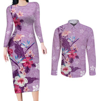 Hawaii Tropical Flowers Couples Matching Long Sleeve Bodycon Dress and Long Sleeve Button Shirt Polynesian Tattoo Lavender LT05 Lavender - Polynesian Pride