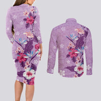 Hawaii Tropical Flowers Couples Matching Long Sleeve Bodycon Dress and Long Sleeve Button Shirt Polynesian Tattoo Lavender LT05 - Polynesian Pride