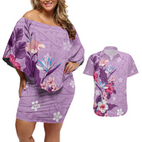 Hawaii Tropical Flowers Couples Matching Off Shoulder Short Dress and Hawaiian Shirt Polynesian Tattoo Lavender LT05 Lavender - Polynesian Pride