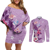 Hawaii Tropical Flowers Couples Matching Off Shoulder Short Dress and Long Sleeve Button Shirt Polynesian Tattoo Lavender LT05 Lavender - Polynesian Pride