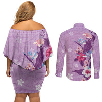 Hawaii Tropical Flowers Couples Matching Off Shoulder Short Dress and Long Sleeve Button Shirt Polynesian Tattoo Lavender LT05 - Polynesian Pride