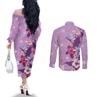 Hawaii Tropical Flowers Couples Matching Off The Shoulder Long Sleeve Dress and Long Sleeve Button Shirt Polynesian Tattoo Lavender LT05 - Polynesian Pride