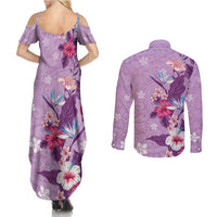 Hawaii Tropical Flowers Couples Matching Summer Maxi Dress and Long Sleeve Button Shirt Polynesian Tattoo Lavender LT05 - Polynesian Pride